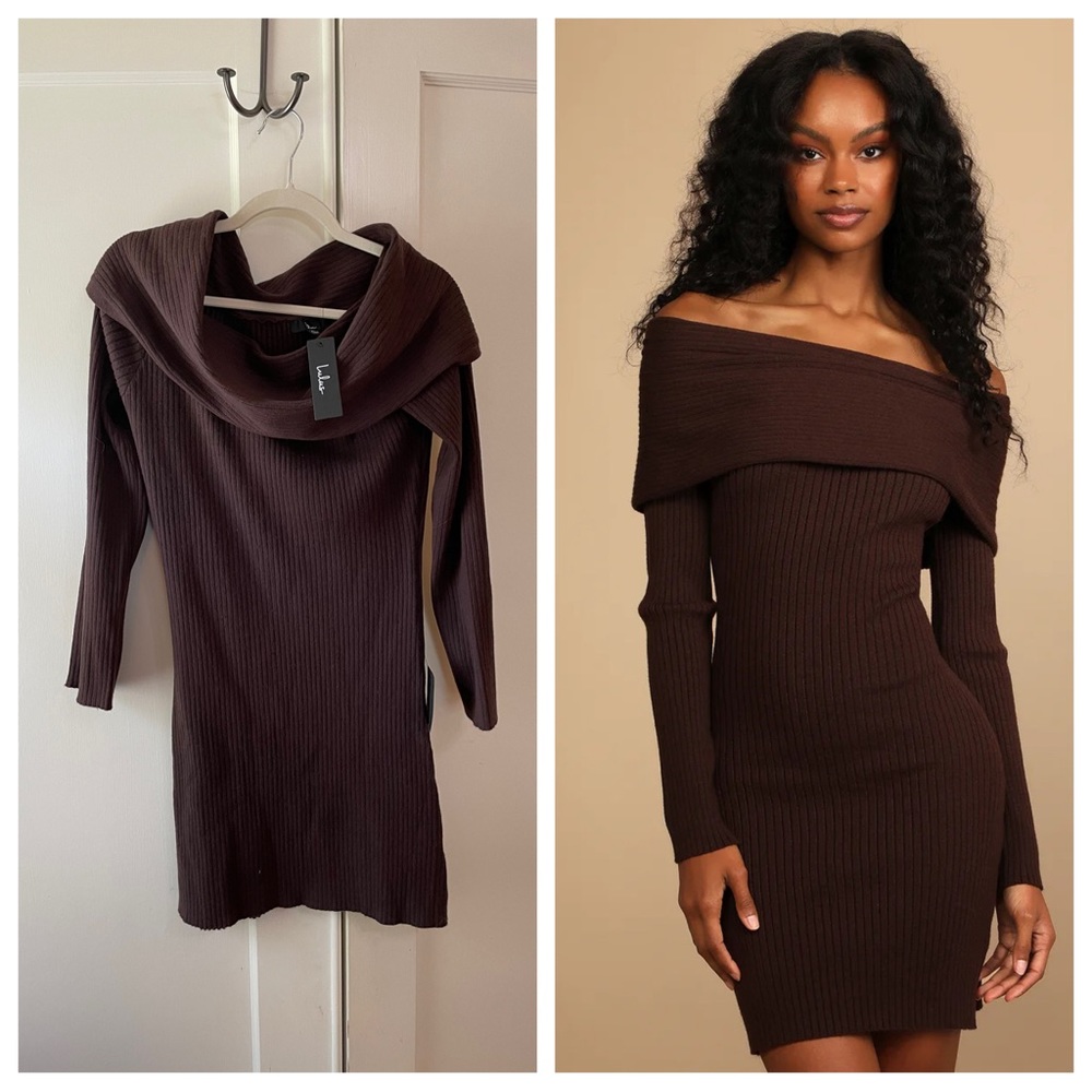 NWT Lulu’s Wonderfully Cozy Brown Ribbed Off-the-Shoulder Sweater Dress